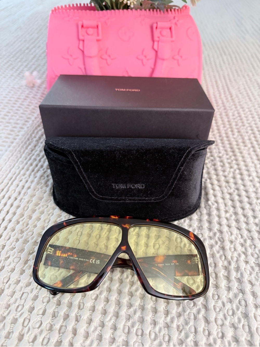 Tom Ford Tortoiseshell Frame Sunglasses with Yellow-Green Lenses